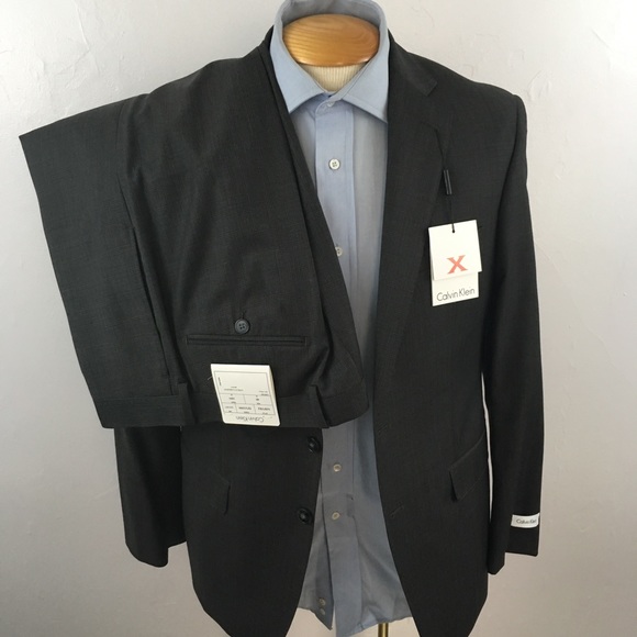 Calvin Klein mens suit 40s brown checks plaids x fit 100% wool 2 piece ea0008